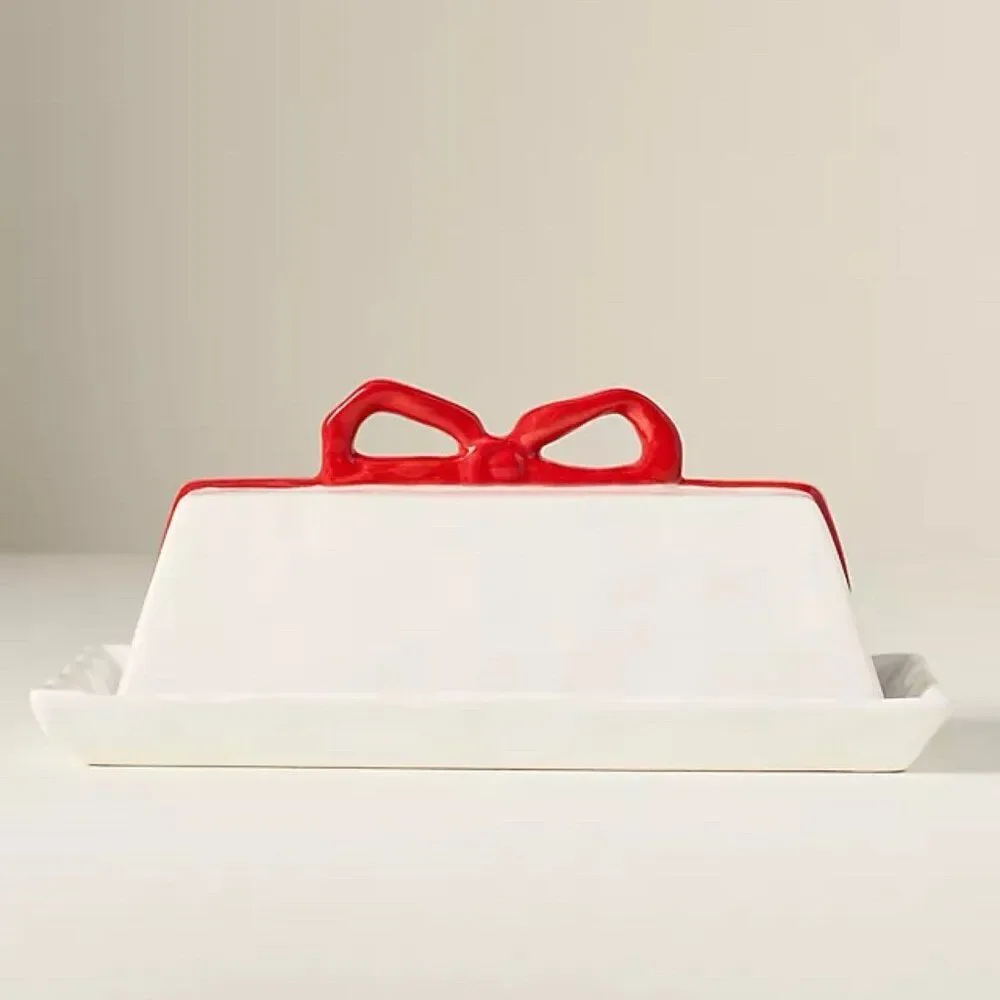 Anthropologie Benedita Bow Ceramic Stoneware Butter Dish Red Ribbon Ivory New